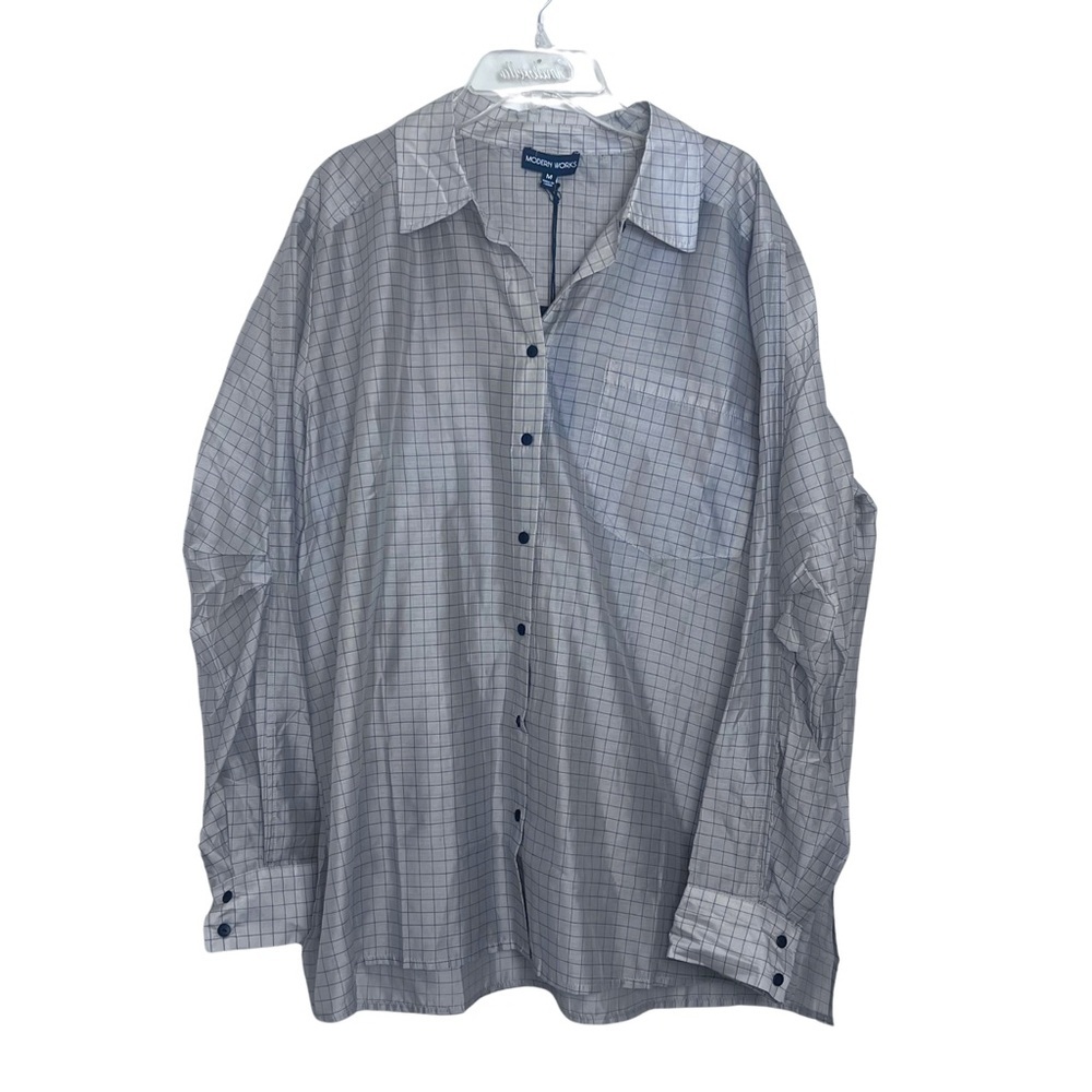 Modern Works Gray Sheer Black Pinstripe Oversized Lagenlook‎ Button Down Top Med